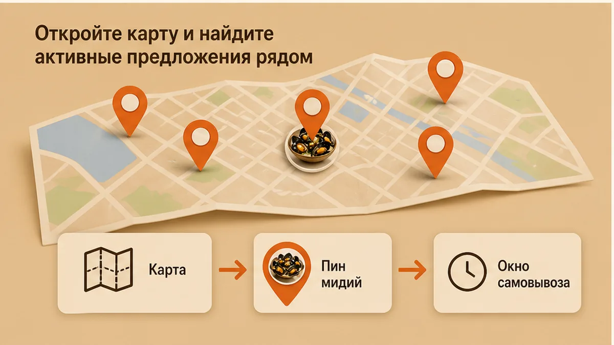 Карта с пинами активных скидок на мидии рядом