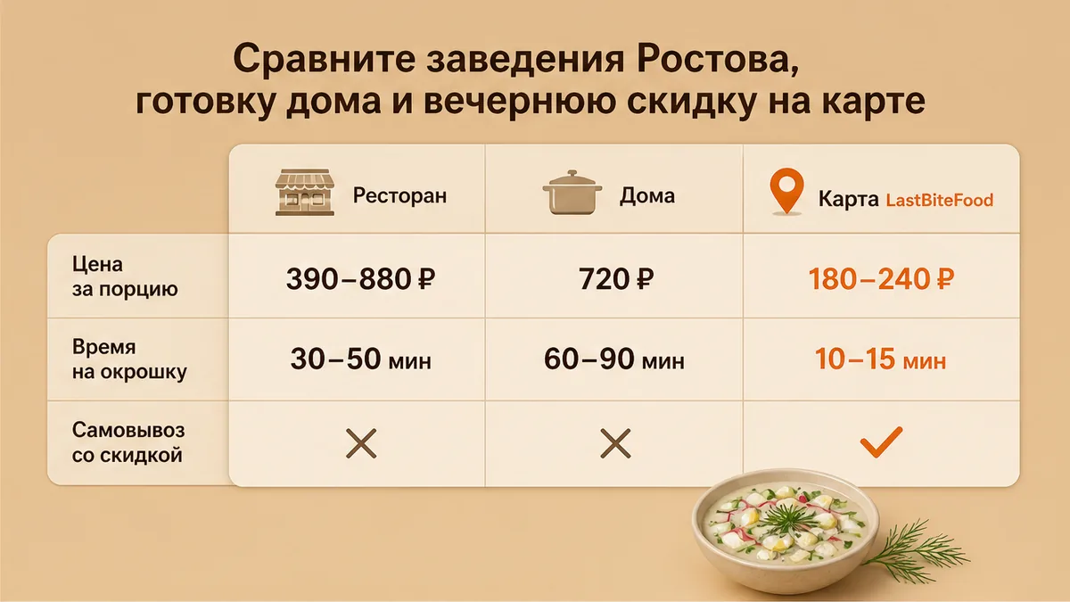 Сравнение цен окрошки в ресторане, дома и на карте скидок
