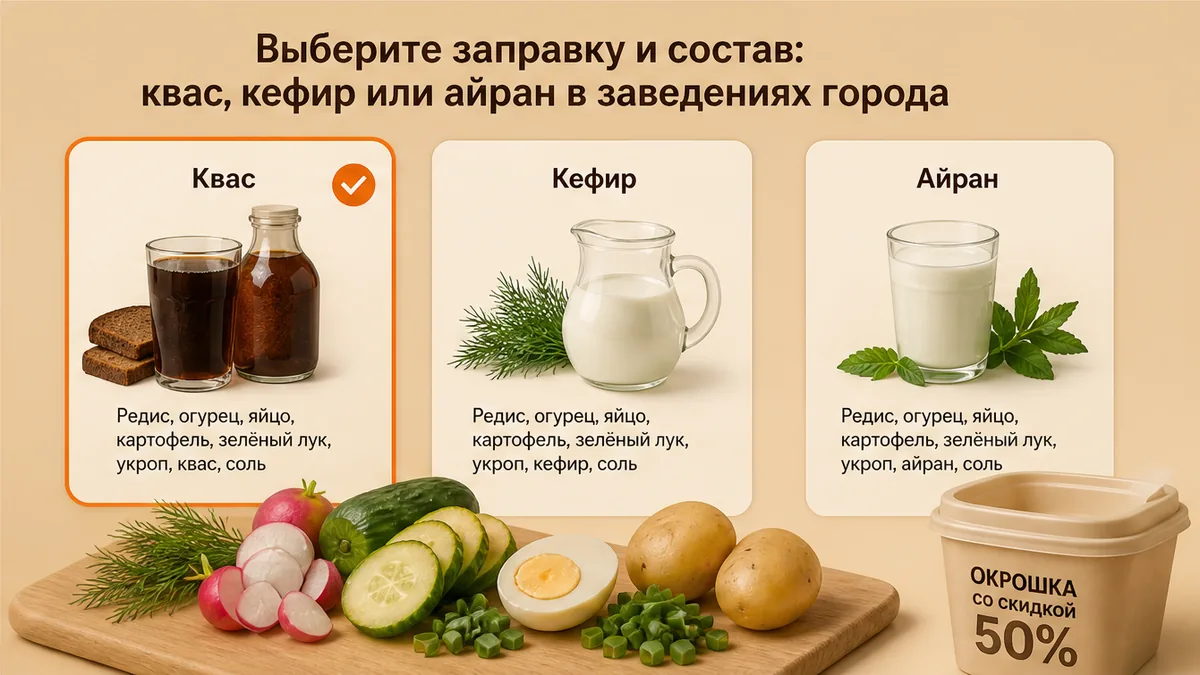 Выбор заправки окрошки: квас, кефир или айран