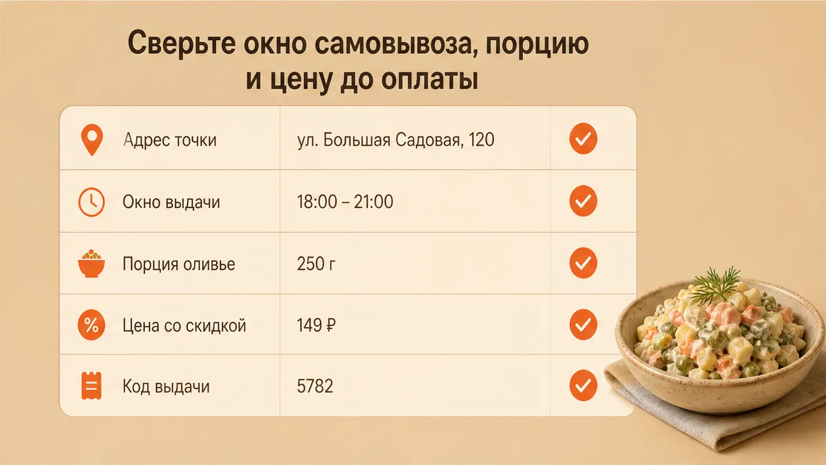 Чеклист сверки самовывоза оливье до оплаты