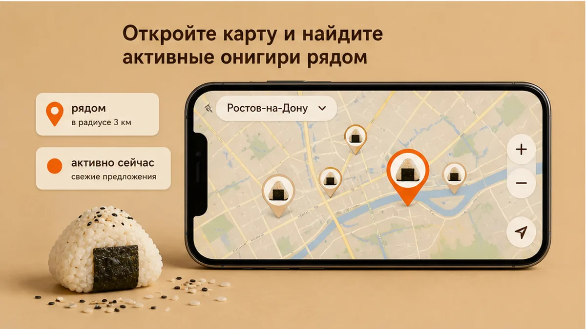 Карта активных онигири рядом: пины вечерних предложений на карте