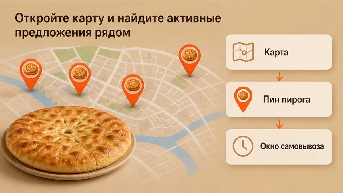 Карта с пинами активных скидок на осетинские пироги рядом