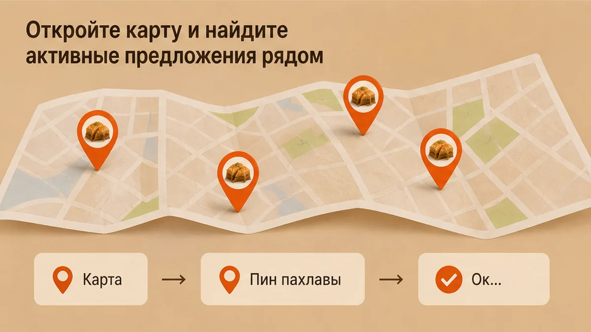Карта с пинами активных скидок на пахлаву рядом