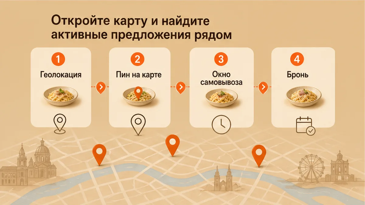 Схема workflow / шаги: Откройте карту и найдите активные предложения рядом