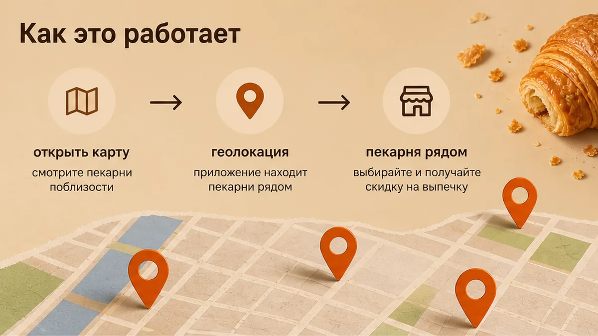 Схема: карта и поиск пекарни рядом, а не наугад по району