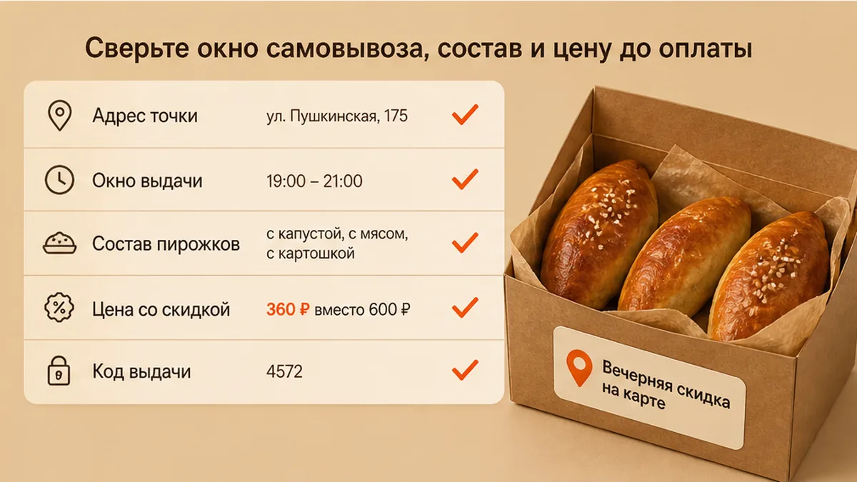 Чеклист сверки самовывоза пирожков до оплаты