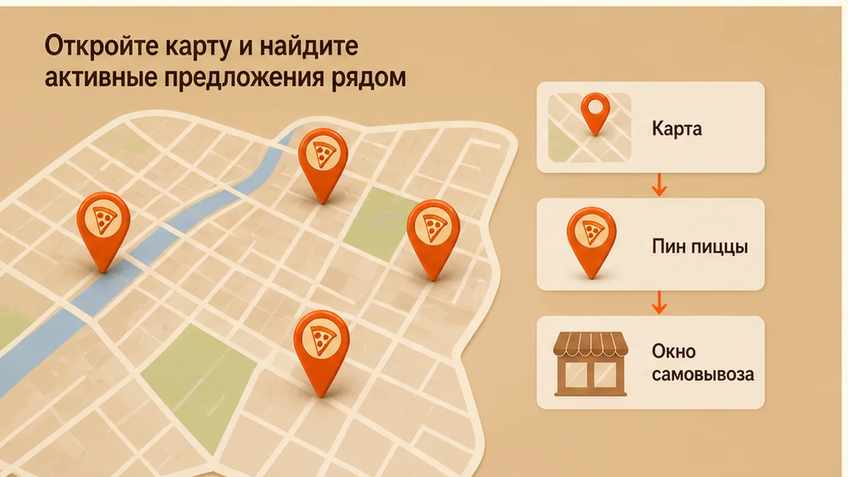 Карта с пинами активных скидок на пиццу рядом