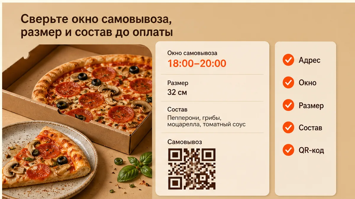 Чеклист сверки размера пиццы и QR-самовывоза до оплаты