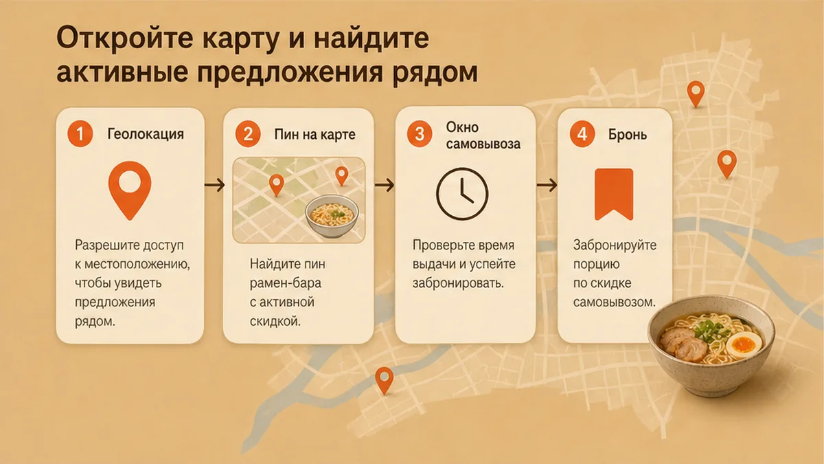 Схема workflow / шаги: Откройте карту и найдите активные предложения рядом