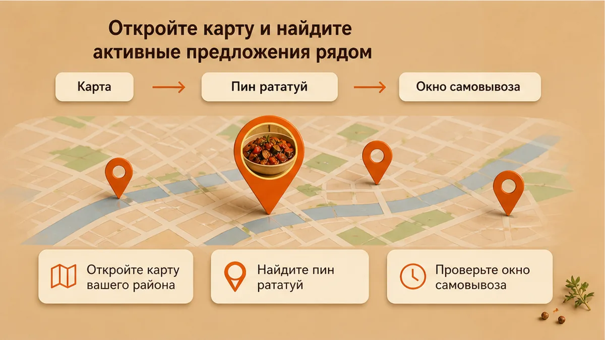 Карта с пинами активных скидок на рататуй и овощное рагу рядом
