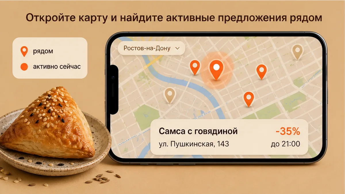 Карта активных предложений самсы рядом: пины вечерних скидок на карте