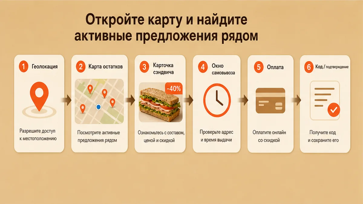 Схема workflow / шаги: Откройте карту и найдите активные предложения рядом