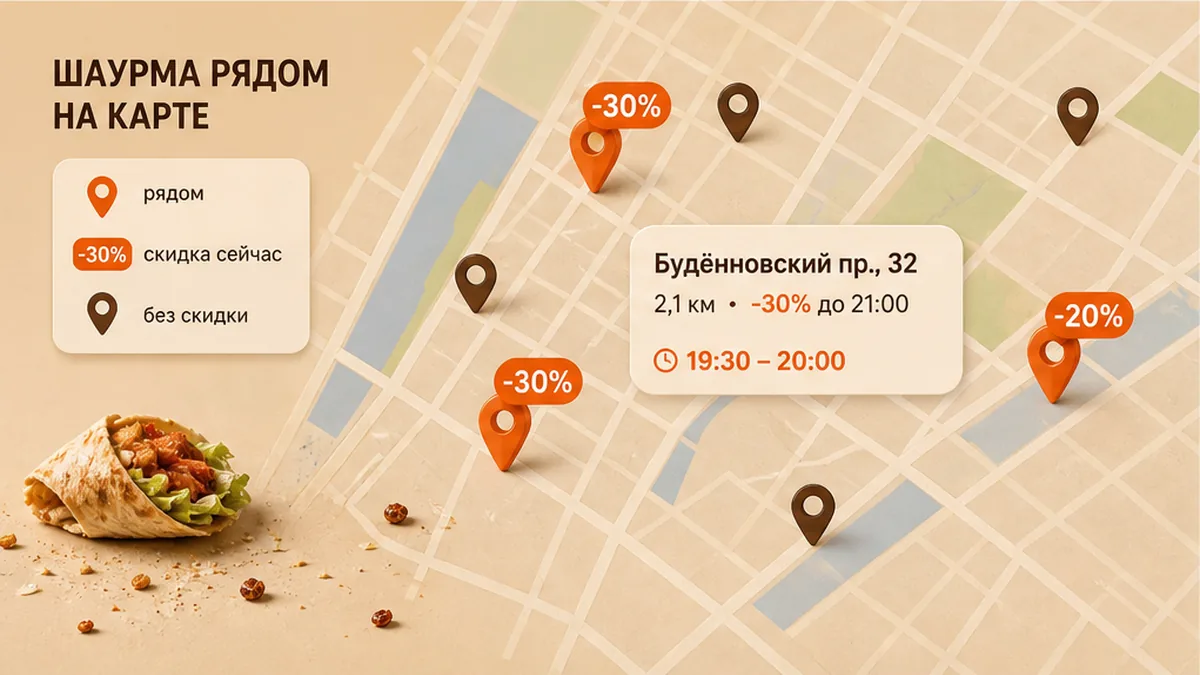 Карта шаурмы рядом: активные точки со скидкой, а не поиск наугад