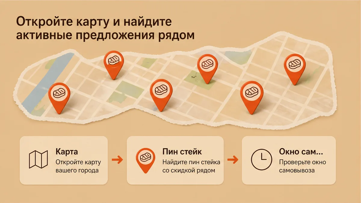 Карта с пинами активных скидок на стейк рядом