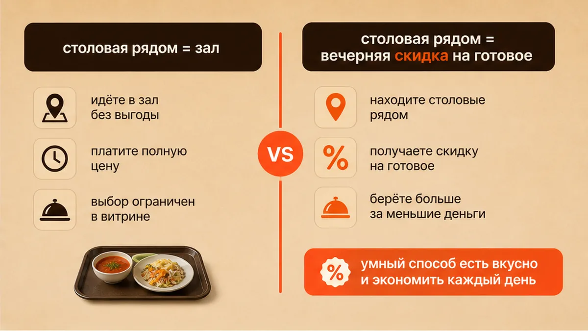 Сравнение: поиск столовой рядом как зал против сценария вечерней скидки на готовое