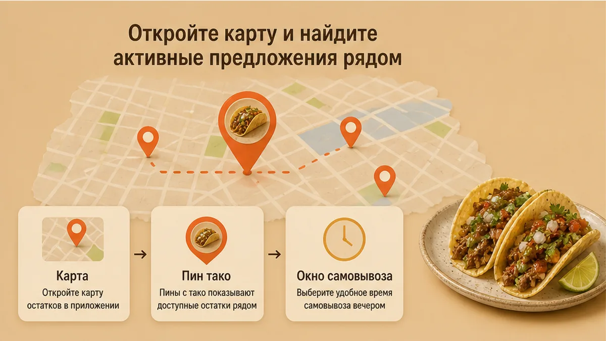 Карта с пинами активных скидок на тако рядом