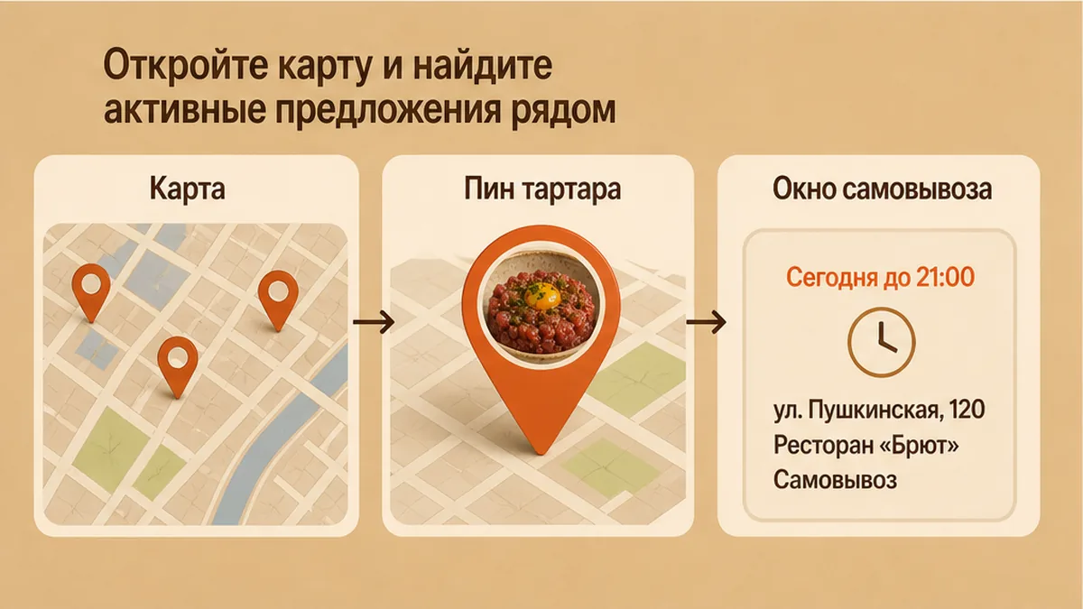 Карта с пинами активных скидок на тартар рядом