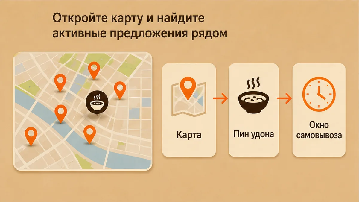 Карта с пинами активных скидок на удон рядом