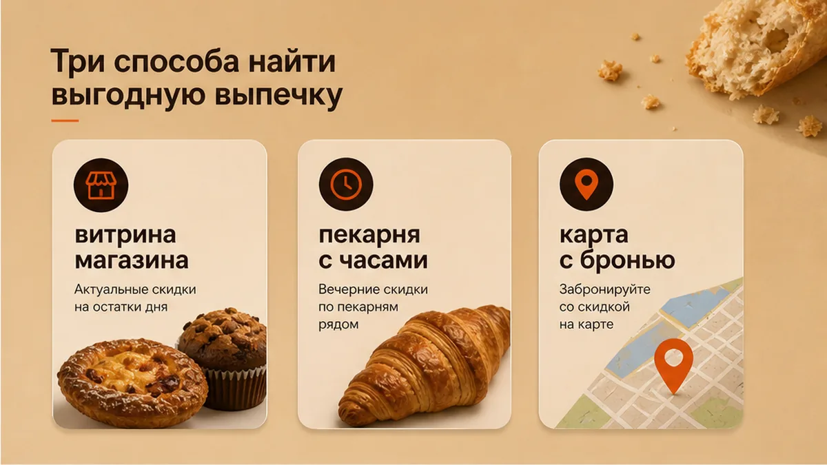 Три сценария вечерней скидки на выпечку: магазин, пекарня, карта с бронью