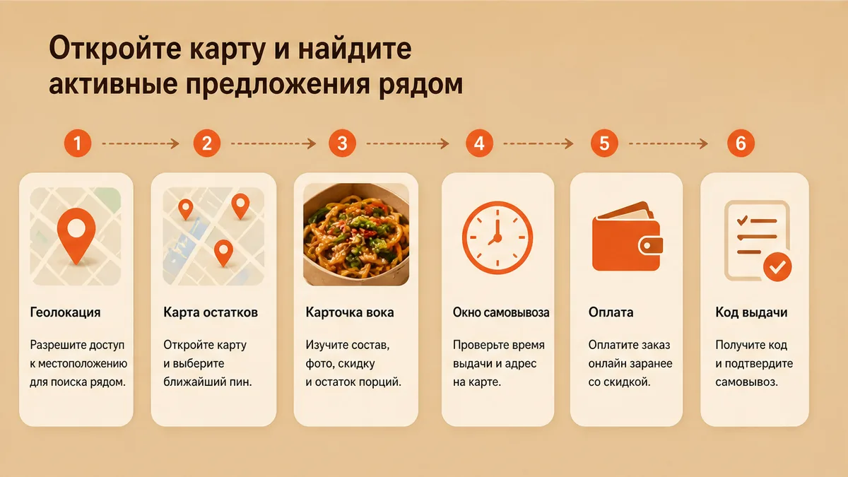 Схема workflow / шаги: Откройте карту и найдите активные предложения рядом
