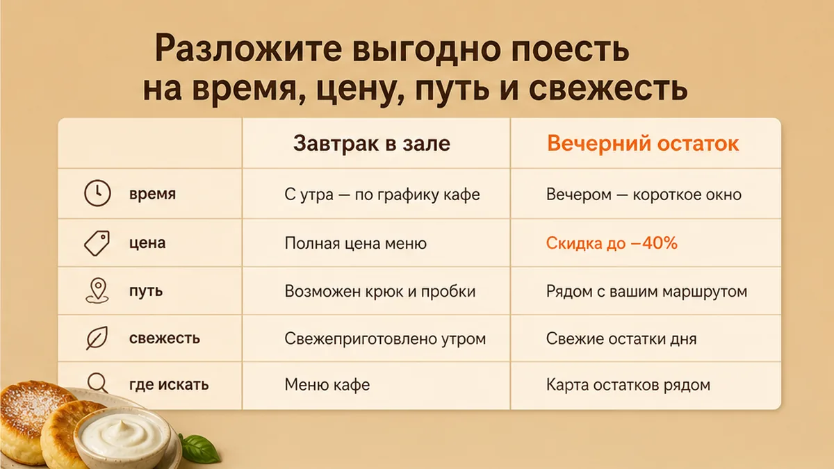 Таблица: завтрак в зале против вечернего остатка по времени, цене, пути и свежести